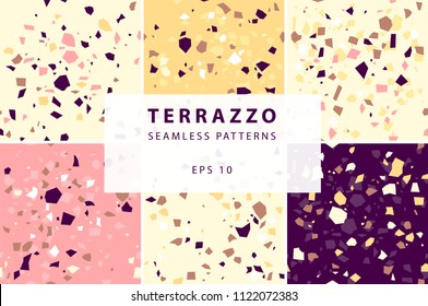 Terrazzo seamless patterns in decorative style - set in pink, yellow, purple