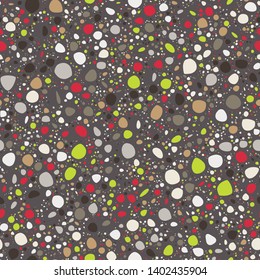 Terrazzo Seamless Repeat Vector Pattern.  Thousands of random non-overlapping elements.  Generative Art (made with code).  Brown, red, lime green, and neutrals.