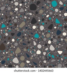 Terrazzo Seamless Repeat Vector Pattern.  Soft rounded elements.  Teal and neutrals on dark brown background.  Thousands of random non-overlapping elements.  Generative Art (made with code). 