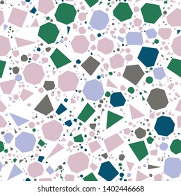 Terrazzo Seamless Repeat Vector Pattern in pink, green, lavender, and gray one white.  Thousands of random non-overlapping elements.  Generative Art (made with code). 