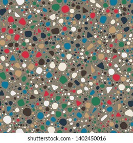 Terrazzo Seamless Repeat Vector Pattern.  Soft rounded elements.  Red, green, blue, and neutrals on medium brown.  Thousands of random non-overlapping elements.  Generative Art (made with code). 