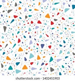 Terrazzo Seamless Repeat Vector Pattern.  Soft rounded triangular elements.  Bright happy colors on white. Thousands of random non-overlapping elements.  Generative Art (made with code). 
