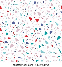 Terrazzo Seamless Repeat Vector Pattern.  Soft rounded triangular elements.  Bright happy colors on white. Thousands of random non-overlapping elements.  Generative Art (made with code). 