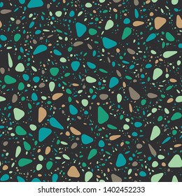 Terrazzo Seamless Repeat Vector Pattern.  Soft rounded elements.  Greens and neutrals on a dark background.  Thousands of random non-overlapping elements.  Generative Art (made with code). 
