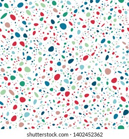 Terrazzo Seamless Repeat Vector Pattern.  Soft rounded elements.  Bright happy colors on white.  Thousands of random non-overlapping elements.  Generative Art (made with code). 