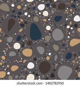 Terrazzo Seamless Repeat Vector Pattern.  Soft rounded elements.  Dark neutrals.  Thousands of random non-overlapping elements.  Generative Art (made with code). 