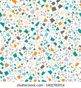 Terrazzo Seamless Repeat Vector Pattern. Bright multicolor on white. Thousands of random non-overlapping elements.  Generative Art (made with code). 