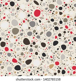 Terrazzo Seamless Repeat Vector Pattern.  Neutrals and red on a dark cream background.  Soft rounded elements.  Thousands of random non-overlapping elements.  Generative Art (made with code). 