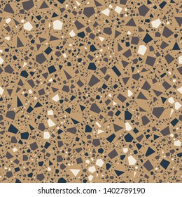Terrazzo Seamless Repeat Vector Pattern.  Thousands of random non-overlapping elements.  Neutrals on a medium brown background.  Generative Art (made with code). 