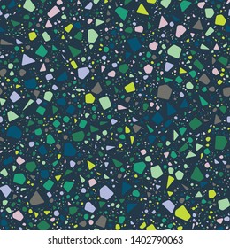Terrazzo Seamless Repeat Vector Pattern.  Thousands of random non-overlapping elements.  Bright colors on a dark brown background.  Generative Art (made with code). 