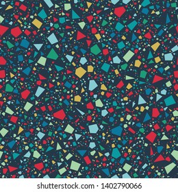 Terrazzo Seamless Repeat Vector Pattern.  Thousands of random non-overlapping elements.  Bright colors on a dark brown background.  Generative Art (made with code). 