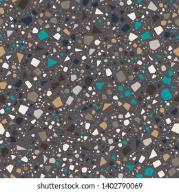 Terrazzo Seamless Repeat Vector Pattern.  Thousands of random non-overlapping elements.  Teal and neutrals on a dark brown background.  Generative Art (made with code). 