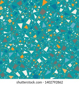 Terrazzo Seamless Repeat Vector Pattern.  Orange. blue, and neutrals on teal. Thousands of random non-overlapping elements.  Generative Art (made with code). 