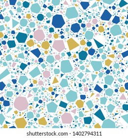Terrazzo Seamless Repeat Vector Pattern.  Thousands of random non-overlapping elements.  Bright blue, yellow, and pink on white. Generative Art (made with code). 