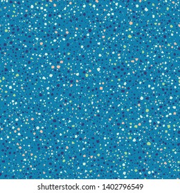 Terrazzo Seamless Repeat Vector Pattern.  Pink, green, navy, and gray on a bright blue background.  Thousands of random non-overlapping elements.    Generative Art (made with code).