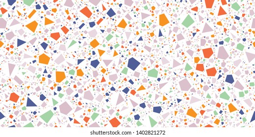 Terrazzo Seamless Repeat Vector Pattern.  Bright colors on white.  Thousands of random non-overlapping elements.  Generative Art (made with code). 