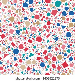 Terrazzo Seamless Repeat Vector Pattern.  Bright colors on white.  Thousands of random non-overlapping elements.  Generative Art (made with code). 