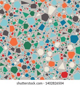 Terrazzo Seamless Repeat Vector Pattern.  Thousands of random non-overlapping elements.  Bright colors on gray.  Generative Art (made with code). 