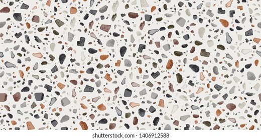 Terrazzo Seamless Repeat Vector Pattern.  Made with real rocks.  Neutral colors on cream. Thousands of random non-overlapping elements.  Generative Art (made with code). 