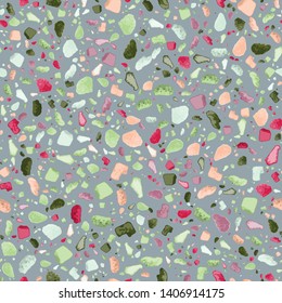 Terrazzo Seamless Repeat Vector Pattern.  Made with real rocks.  Colorful rocks on a gray background.  Thousands of random non-overlapping elements.  Generative Art (made with code). 