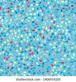 Terrazzo Seamless Repeat Vector Pattern.  Made with real rocks.  Colorful rocks on a bright blue background.  Thousands of random non-overlapping elements.  Generative Art (made with code). 