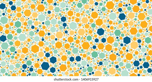 Terrazzo Seamless Repeat Vector Pattern.  Hexagon elements.  Yellow, green, and blue. Thousands of random non-overlapping elements.  Generative Art (made with code). 