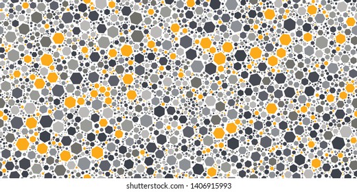 Terrazzo Seamless Repeat Vector Pattern.  Hexagon elements.  Yellow and gray. Thousands of random non-overlapping elements.  Generative Art (made with code). 