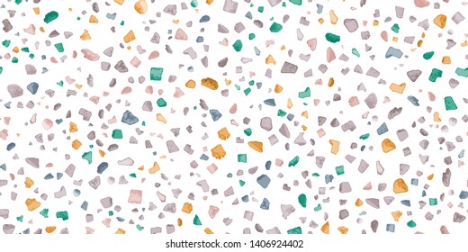 Terrazzo Seamless Repeat Vector Pattern.  Made with real rocks. Sparse composition of colorful rocks on white. Thousands of random non-overlapping elements.  Generative Art (made with code). 