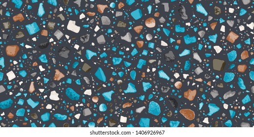 Terrazzo Seamless Repeat Vector Pattern.  Made with real rocks. Bright blue and neutrals on dark black background. Thousands of random non-overlapping elements.  Generative Art (made with code). 