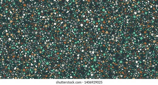 Terrazzo Seamless Repeat Vector Pattern.  Thousands of random non-overlapping elements.  Greens and neutrals on a dark green background. Generative Art (made with code). 