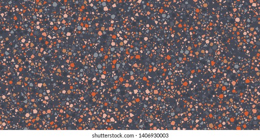 Terrazzo Seamless Repeat Vector Pattern.  Thousands of random non-overlapping elements.  Orange colors and cool gray.  Dark background. Generative Art (made with code). 