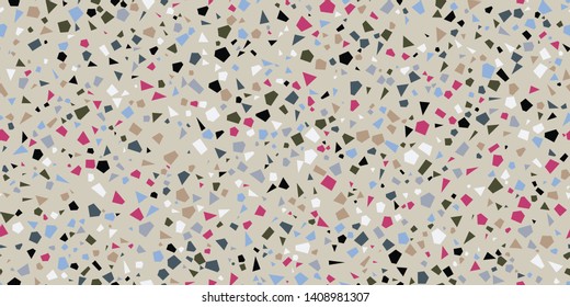 Terrazzo Seamless Repeat Vector Pattern.  Red, blue, black, white, gray on beige brown. Thousands of random non-overlapping elements.  Generative Art (made with code). 