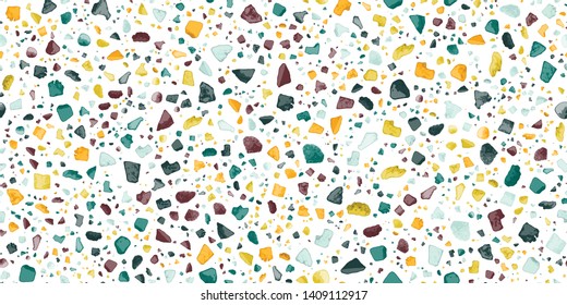 Terrazzo Seamless Repeat Vector Pattern.  Made with real rocks. Multicolored rocks on white background. Thousands of random non-overlapping elements.  Generative Art (made with code). 