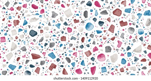 Terrazzo Seamless Repeat Vector Pattern.  Made with real rocks. Multicolored rocks on white background. Thousands of random non-overlapping elements.  Generative Art (made with code). 