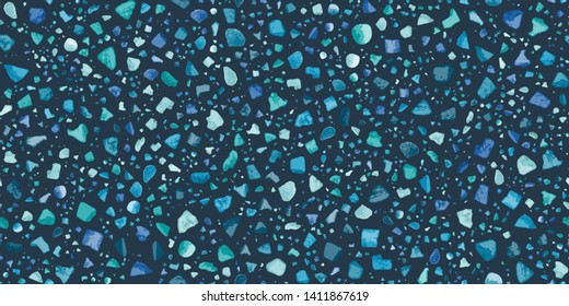 Terrazzo Seamless Repeat Vector Pattern.  Made with real rocks. Blue rocks on dark blue background.  Indigo. Thousands of random non-overlapping elements.  Generative Art (made with code). 
