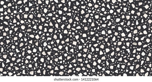 Terrazzo Seamless Repeat Vector Pattern.  Made with real rocks. White rocks on a dark black background. Thousands of random non-overlapping elements.  Generative Art (made with code).