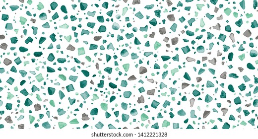 Terrazzo Seamless Repeat Vector Pattern.  Made with real rocks. Green, mint, and turquoise rocks on a white background. Thousands of random non-overlapping elements.  Generative Art (made with code).