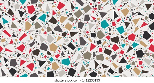 Terrazzo Seamless Repeat Vector Pattern.   Red, teal, and neutral shapes on a light beige cream background. Thousands of random non-overlapping elements.  Generative Art (made with code). 