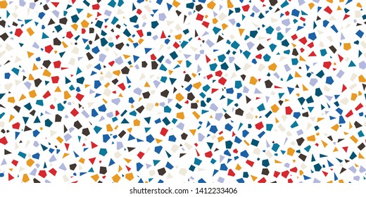 Terrazzo Seamless Repeat Vector Pattern.   Bright colorful shapes on white.  Thousands of random non-overlapping elements.  Generative Art (made with code). 