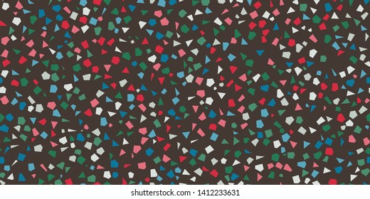 Terrazzo Seamless Repeat Vector Pattern.   Colorful shapes on a dark brown background. Thousands of random non-overlapping elements.  Generative Art (made with code). 