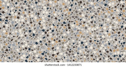 Terrazzo Seamless Repeat Vector Pattern.   Neutral gray, brown, and cream shapes on gray.  Thousands of random non-overlapping elements.  Generative Art (made with code). 