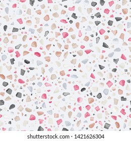 Terrazzo Seamless Repeat Vector Pattern. Made with real rocks. Sparse composition of colorful rocks on white. Thousands of random non-overlapping elements. Generative Art (made with code).