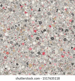 Terrazzo Seamless Repeat Vector Pattern.  Red and beige neutrals. Thousands of random non-overlapping elements.  Generative Art (made with code). 