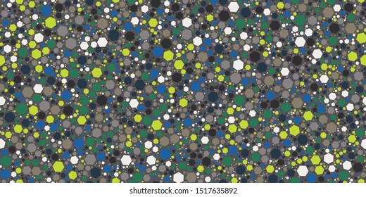 Terrazzo Seamless Repeat Vector Pattern.  Hexagon elements.  Lime, green, and blue. Thousands of random non-overlapping elements.  Generative Art (made with code). 