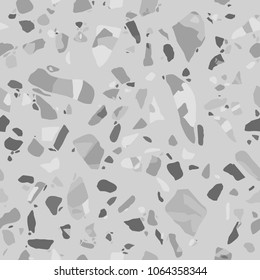 Terrazzo seamless texture. Floor tile, polished stone pattern. Marble surface. Vector abstract background with chaotic stains.