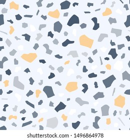 Terrazzo Seamless Vector Pattern in Blue and Yellow Volors. Classic Italian Flooring Texture in Venetian Style. Composite Stone Tiles of Marble, Granite, Glass, Rock, etc.