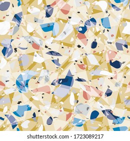 Terrazzo seamless vector pattern. Chunks of other patterns put together in vibrant colors. Hand crafted and unique design of overlapping elements. For wallpapers, stationary and interiors.