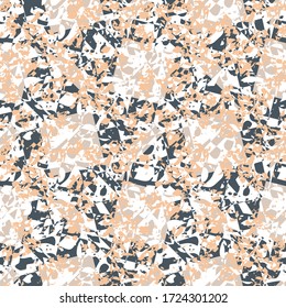 Terrazzo seamless vector pattern. Chunks of other patterns put together in monochrome colors. Hand crafted and unique design of overlapping elements. For wallpapers, stationary and interiors.