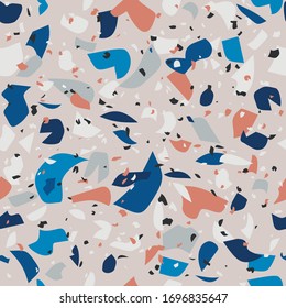 Terrazzo seamless vector pattern in lively colour combination - classic blue, orange, grey and white. It is ideal for wallpapers, stationery, wrapping paper and interior prints and textiles.