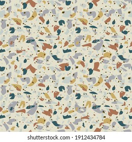 Terrazzo seamless vector pattern with overlapping elements in earth colours combination. Suitable for wallpaper, stationary, wrapping paper and interiors.